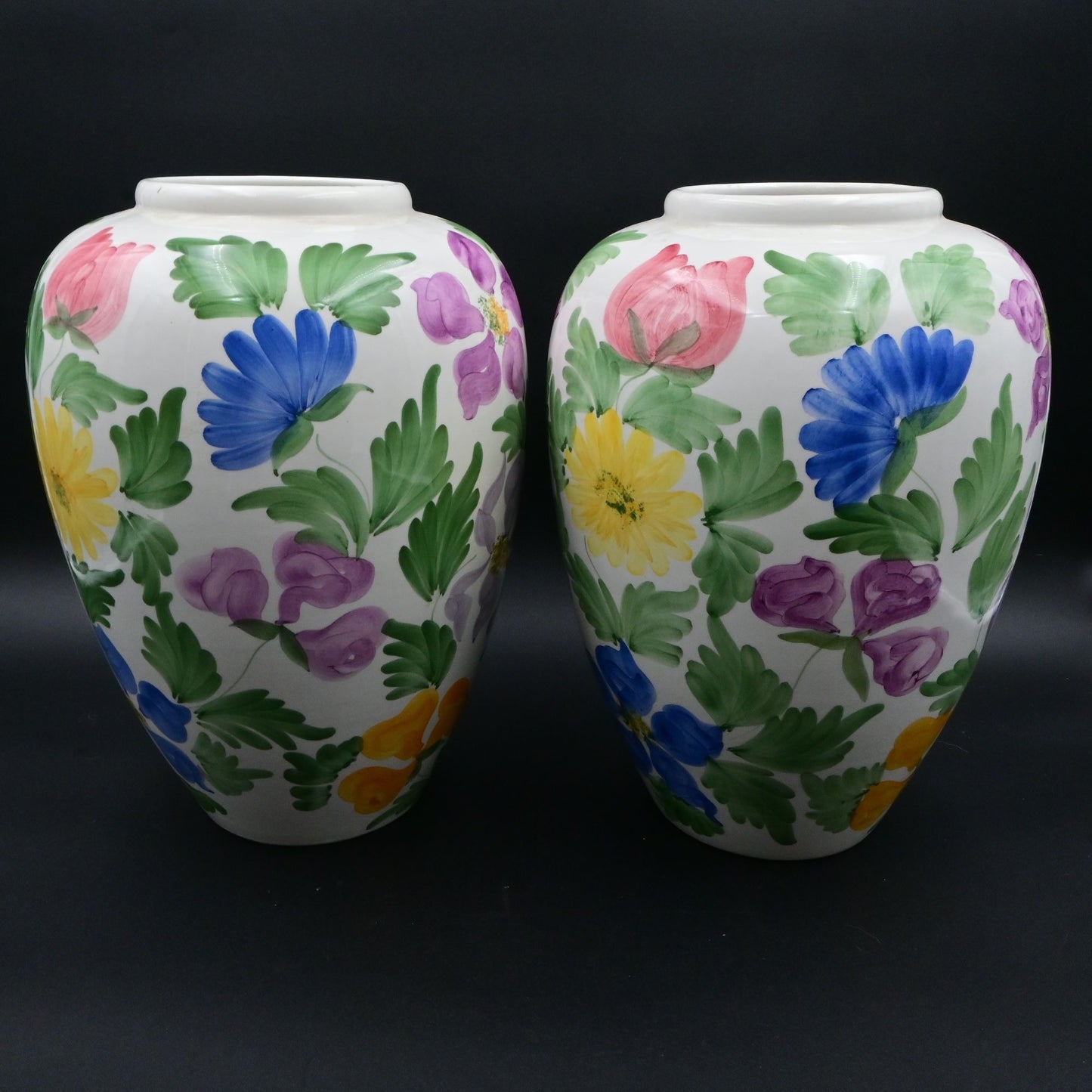 Hand-Painted Floral Ceramic Vases Set Of 2 Made In Italy