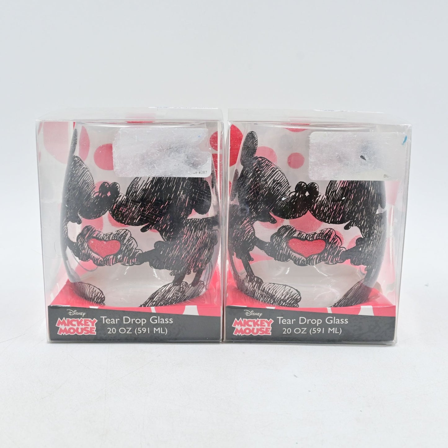 Disney Mickey & Minnie Mouse Heart Stemless Wine 20oz Tear Drop Glasses Pair