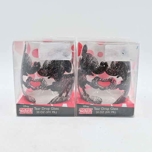 Disney Mickey & Minnie Mouse Heart Stemless Wine 20oz Tear Drop Glasses Pair