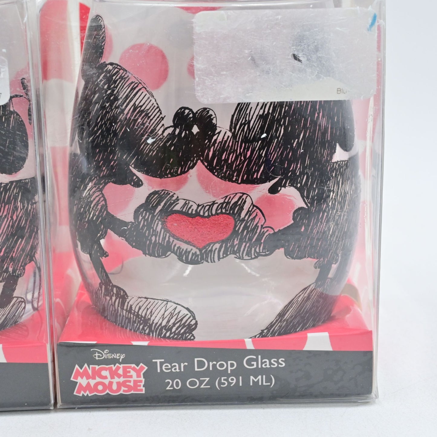 Disney Mickey & Minnie Mouse Heart Stemless Wine 20oz Tear Drop Glasses Pair