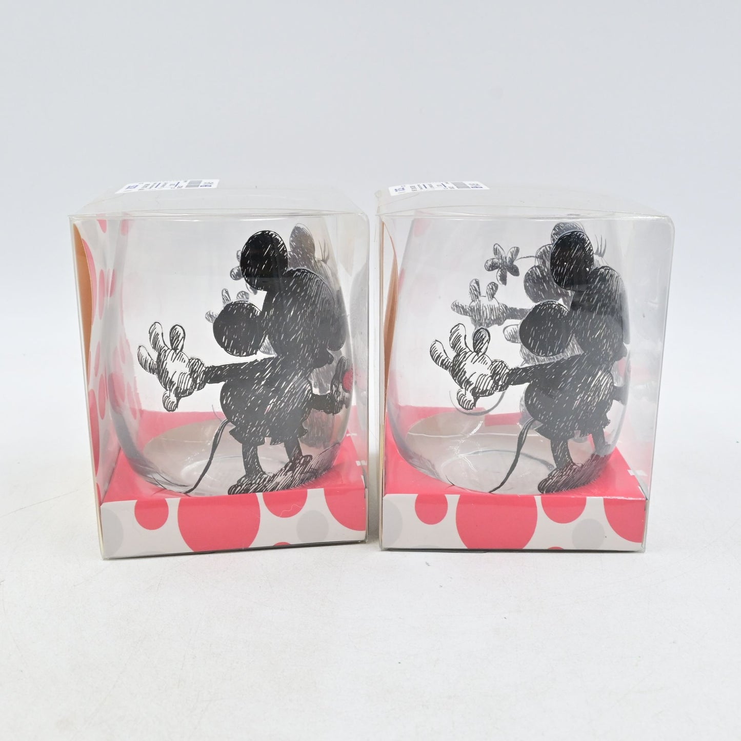 Disney Mickey & Minnie Mouse Heart Stemless Wine 20oz Tear Drop Glasses Pair