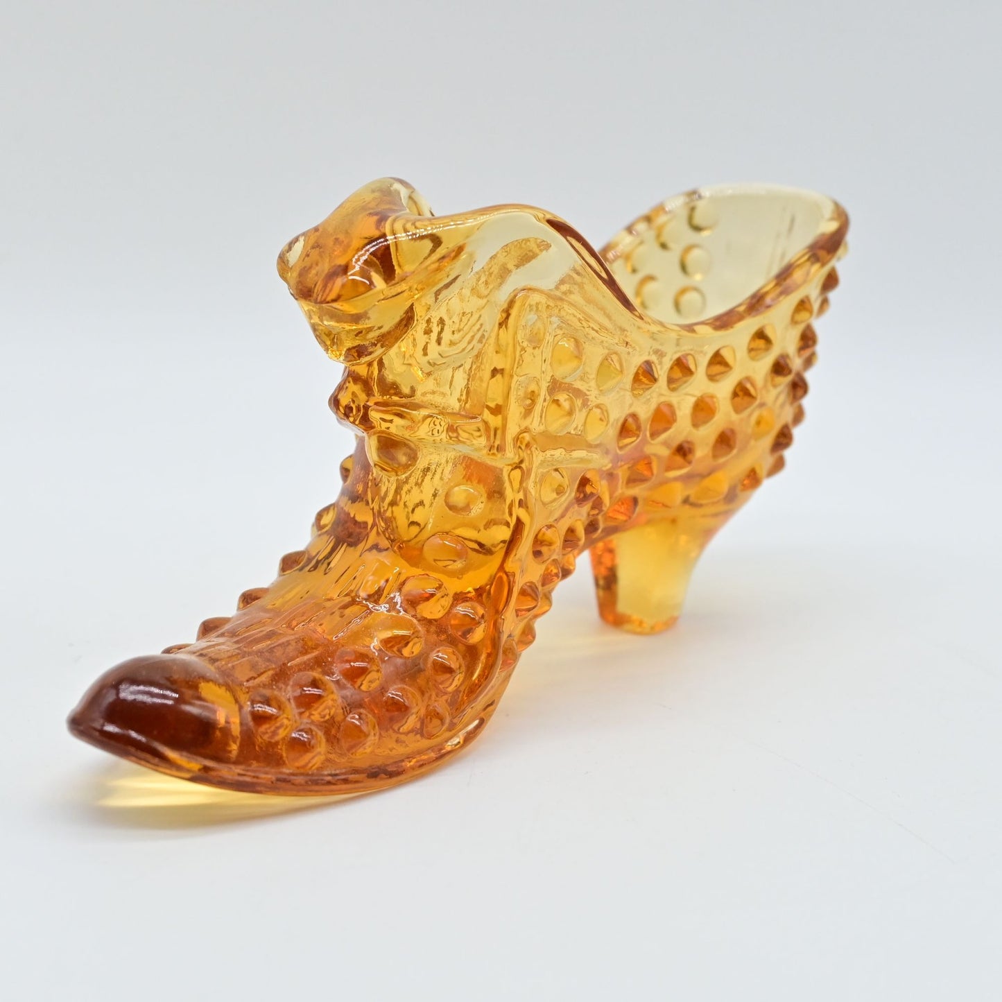 Vintage Fenton Yellow Amber Glass Hobnail Cat Head Shoe