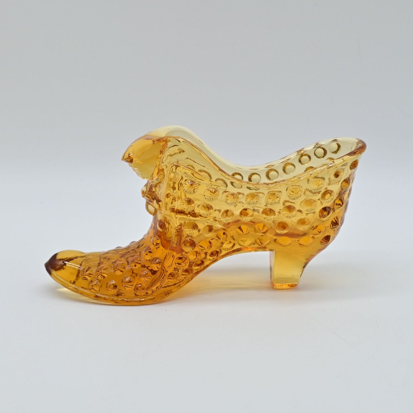 Vintage Fenton Yellow Amber Glass Hobnail Cat Head Shoe