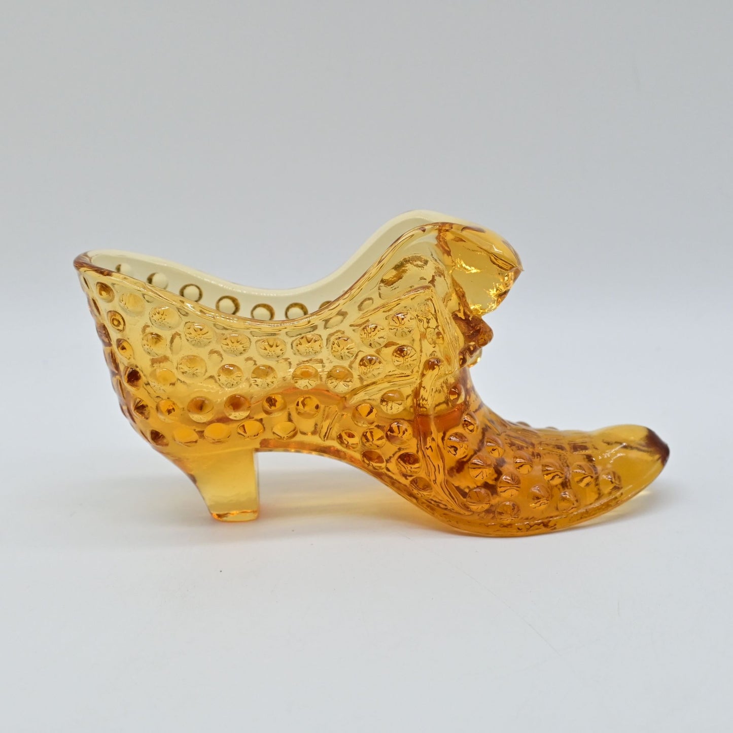 Vintage Fenton Yellow Amber Glass Hobnail Cat Head Shoe