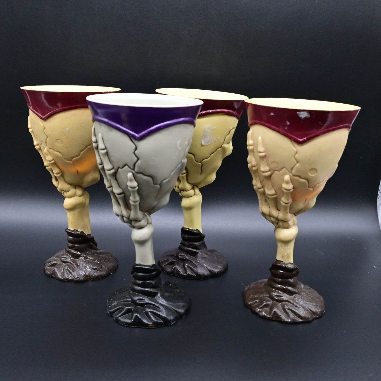 Halloween Skull Goblet Set Of 4 Skeleton Hand Design 7.5" Tall Plastic Cups
