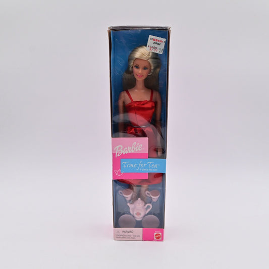 Vintage 2000 Barbie Fashion Avenue Time For Tea Doll In Red Dress & Tea Set