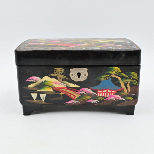 Vintage Japan Hand Painted Black Lacquer Musical Jewelry Box Mother of Pearl