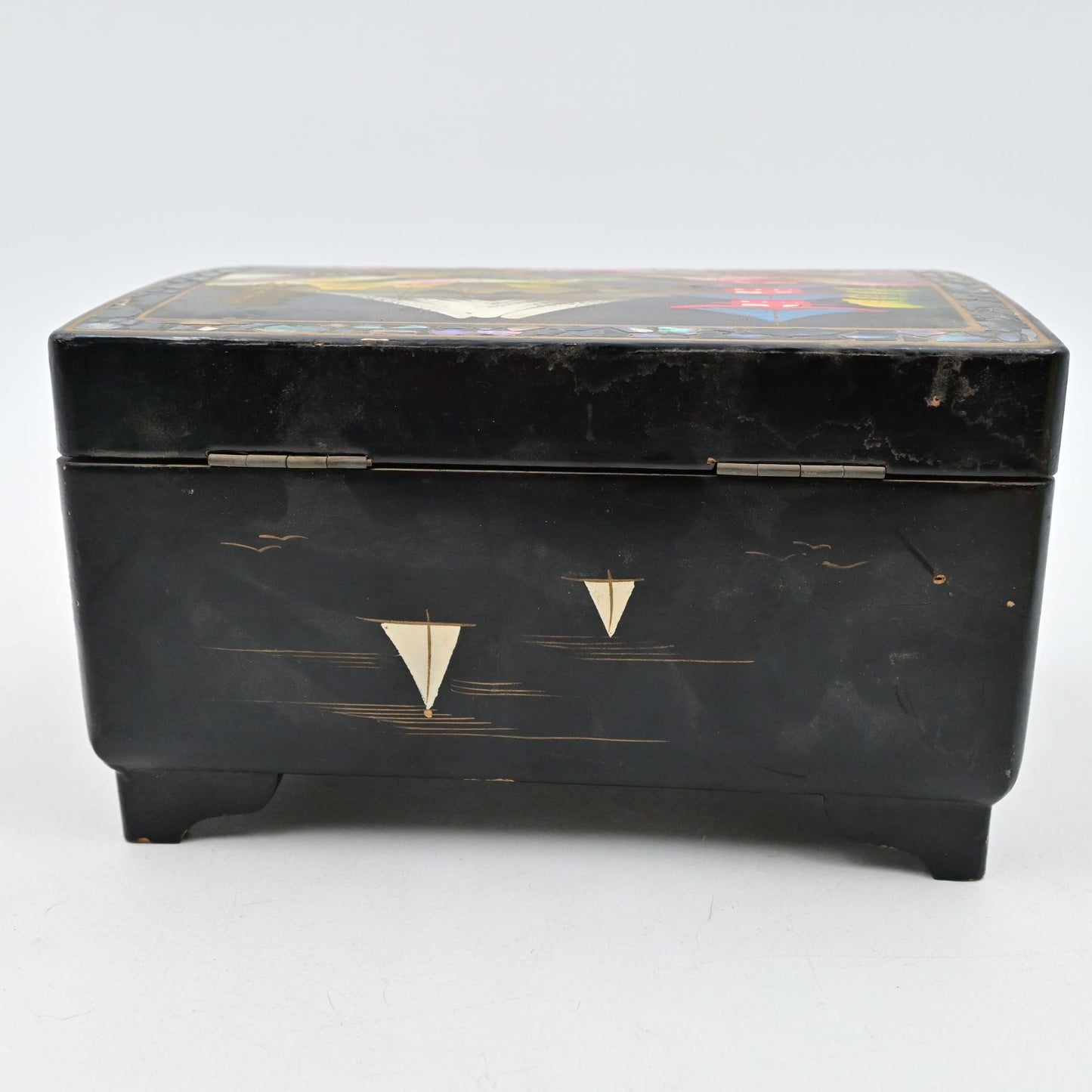 Vintage Japan Hand Painted Black Lacquer Musical Jewelry Box Mother of Pearl