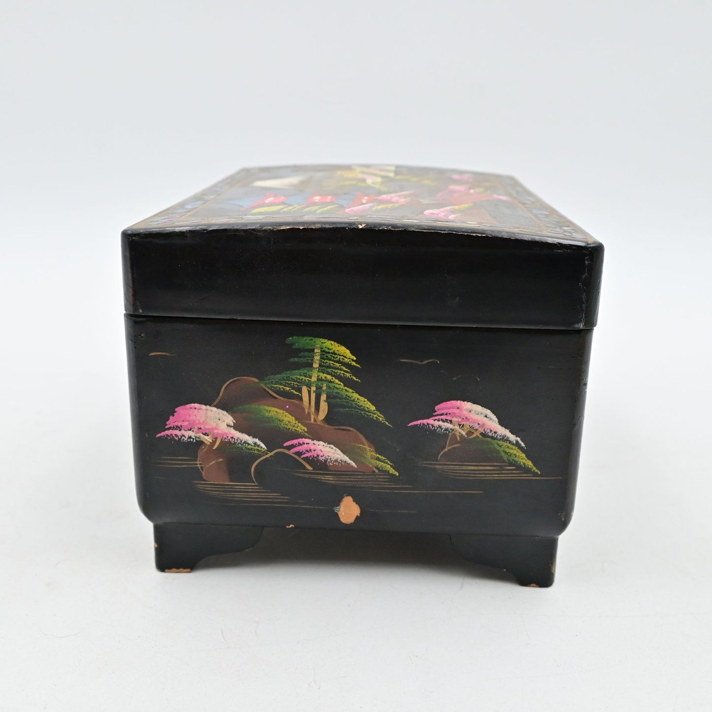 Vintage Japan Hand Painted Black Lacquer Musical Jewelry Box Mother of Pearl