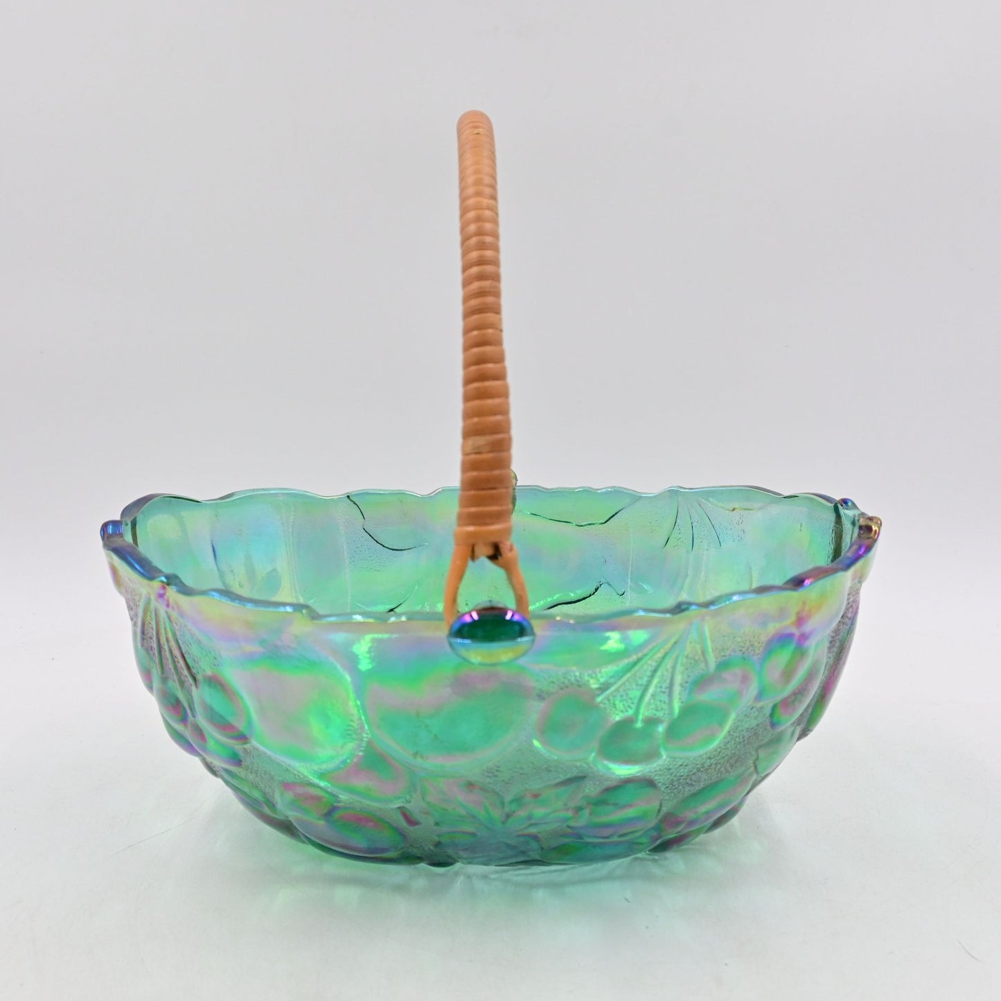 Indiana Carnival Glass Iridescent Oval Fruit Bowl with Wicker Handle Vintage