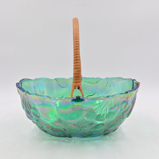Indiana Carnival Glass Iridescent Oval Fruit Bowl with Wicker Handle Vintage