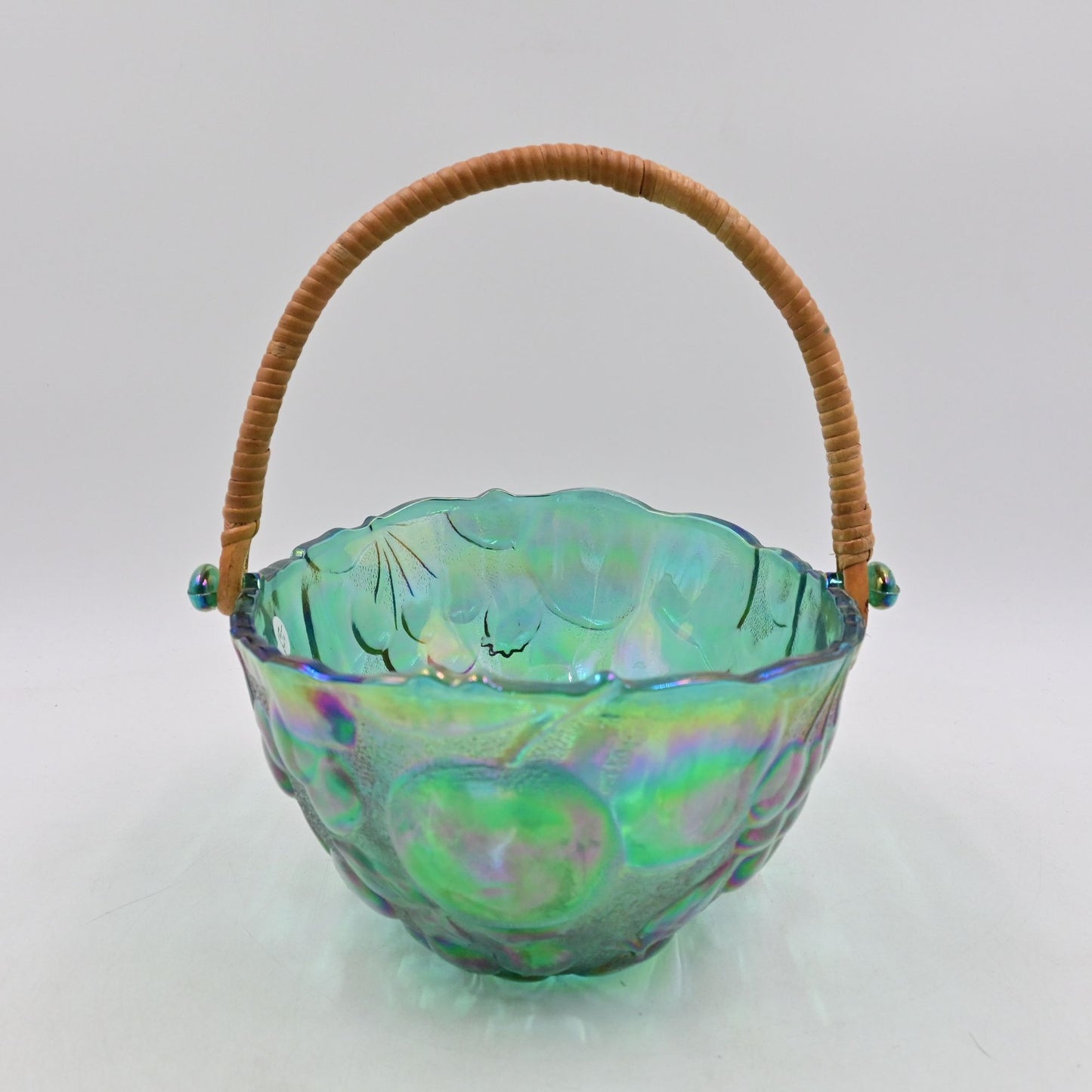 Indiana Carnival Glass Iridescent Oval Fruit Bowl with Wicker Handle Vintage