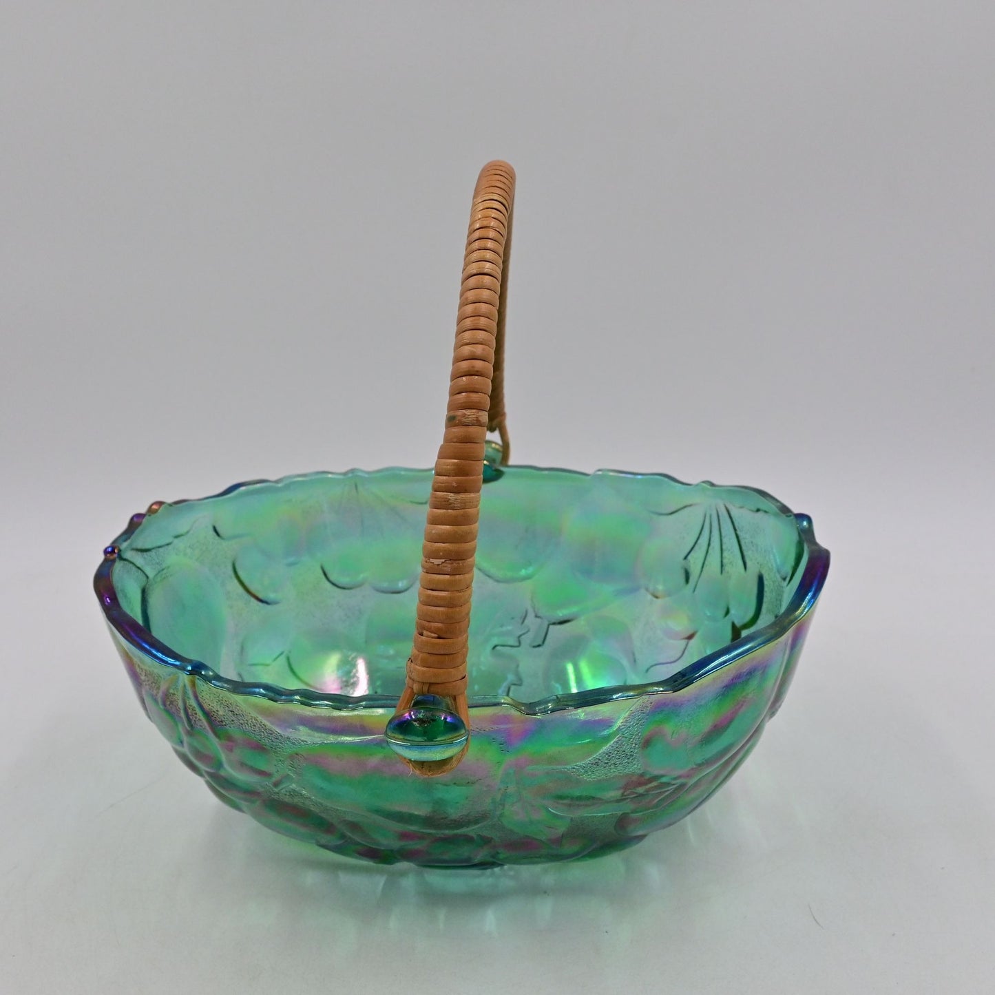 Indiana Carnival Glass Iridescent Oval Fruit Bowl with Wicker Handle Vintage