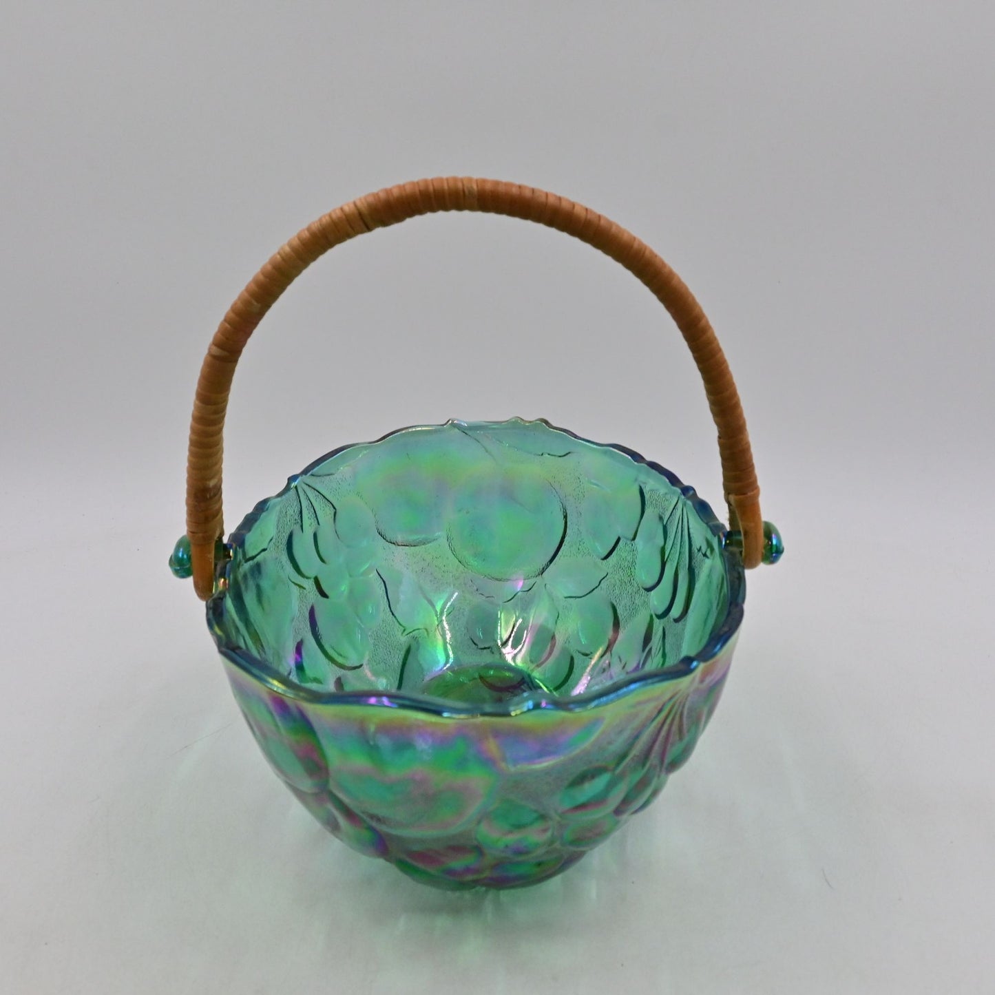 Indiana Carnival Glass Iridescent Oval Fruit Bowl with Wicker Handle Vintage