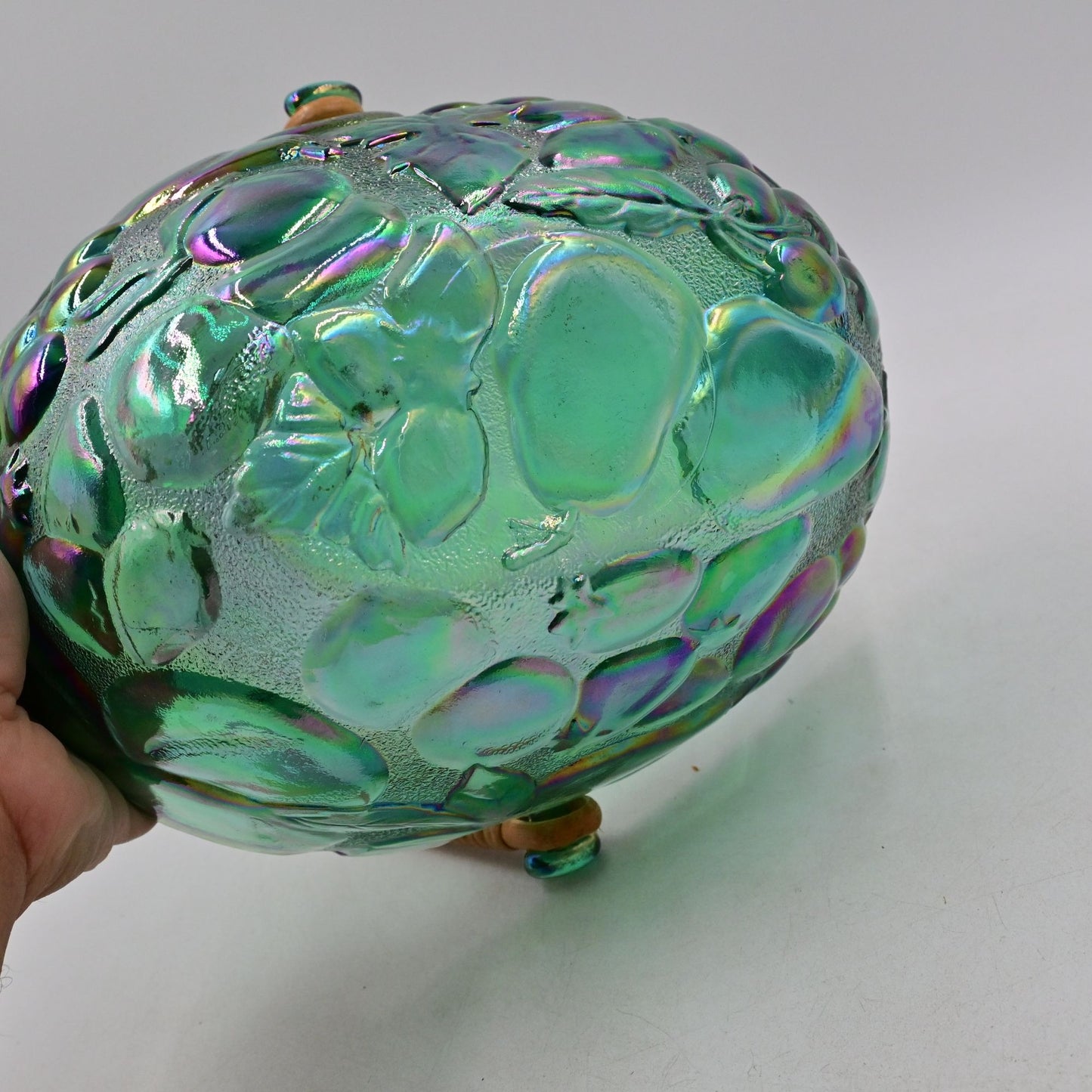 Indiana Carnival Glass Iridescent Oval Fruit Bowl with Wicker Handle Vintage