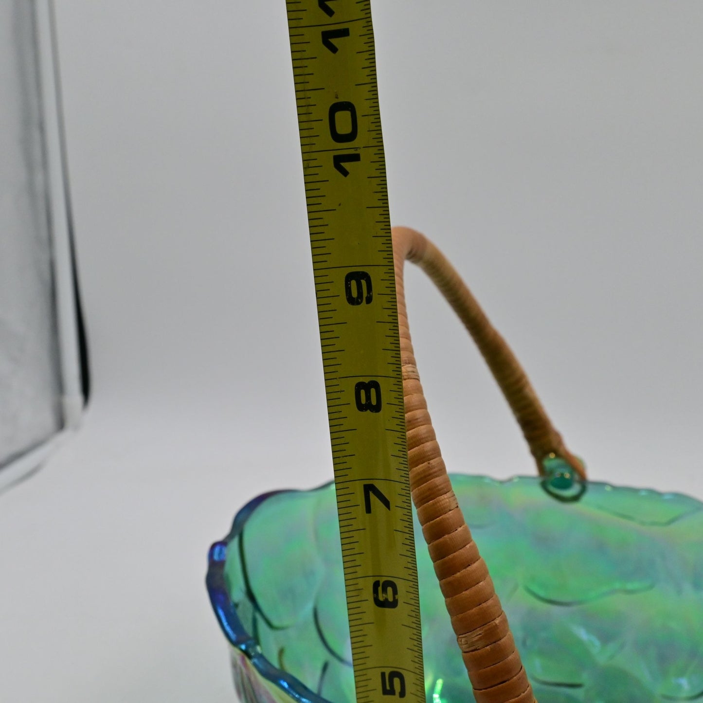 Indiana Carnival Glass Iridescent Oval Fruit Bowl with Wicker Handle Vintage