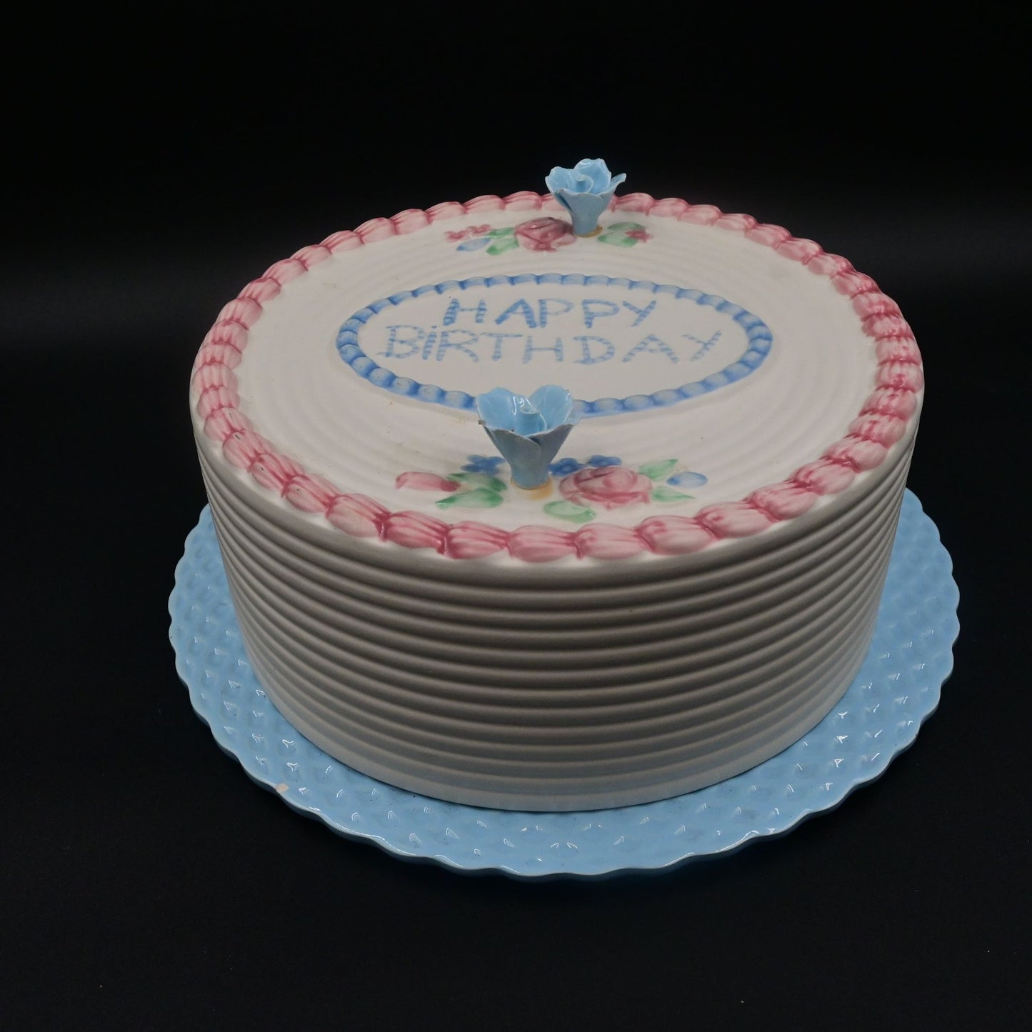 Happy Birthday Cake Covered Cake Plate with Blue Plate Made in Portugal Vintage