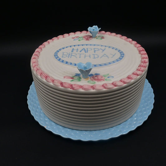 Happy Birthday Cake Covered Cake Plate with Blue Plate Made in Portugal Vintage