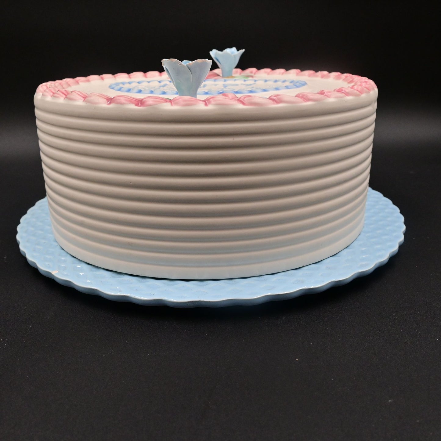 Happy Birthday Cake Covered Cake Plate with Blue Plate Made in Portugal Vintage