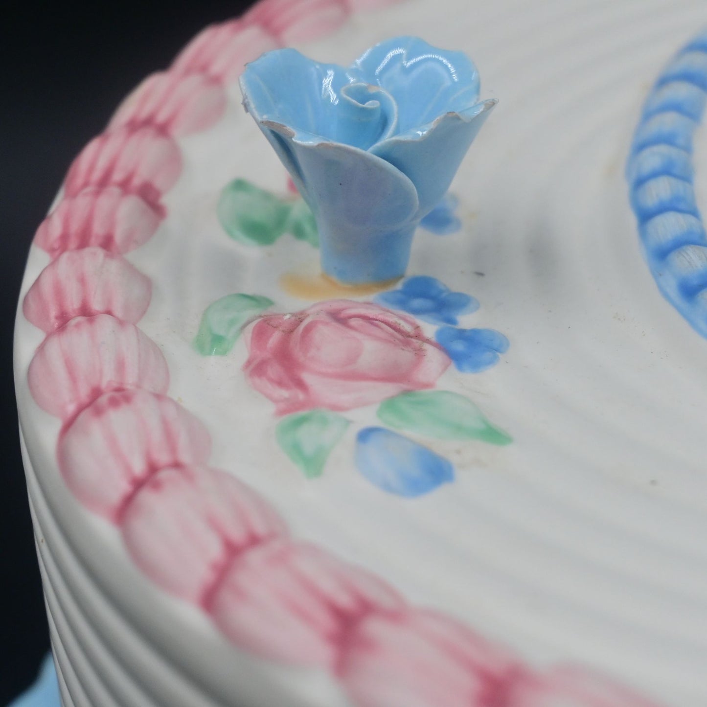 Happy Birthday Cake Covered Cake Plate with Blue Plate Made in Portugal Vintage