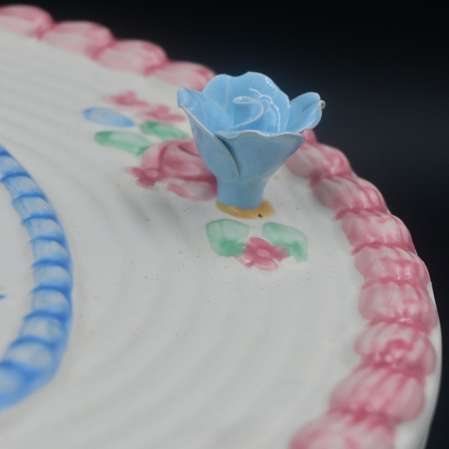 Happy Birthday Cake Covered Cake Plate with Blue Plate Made in Portugal Vintage