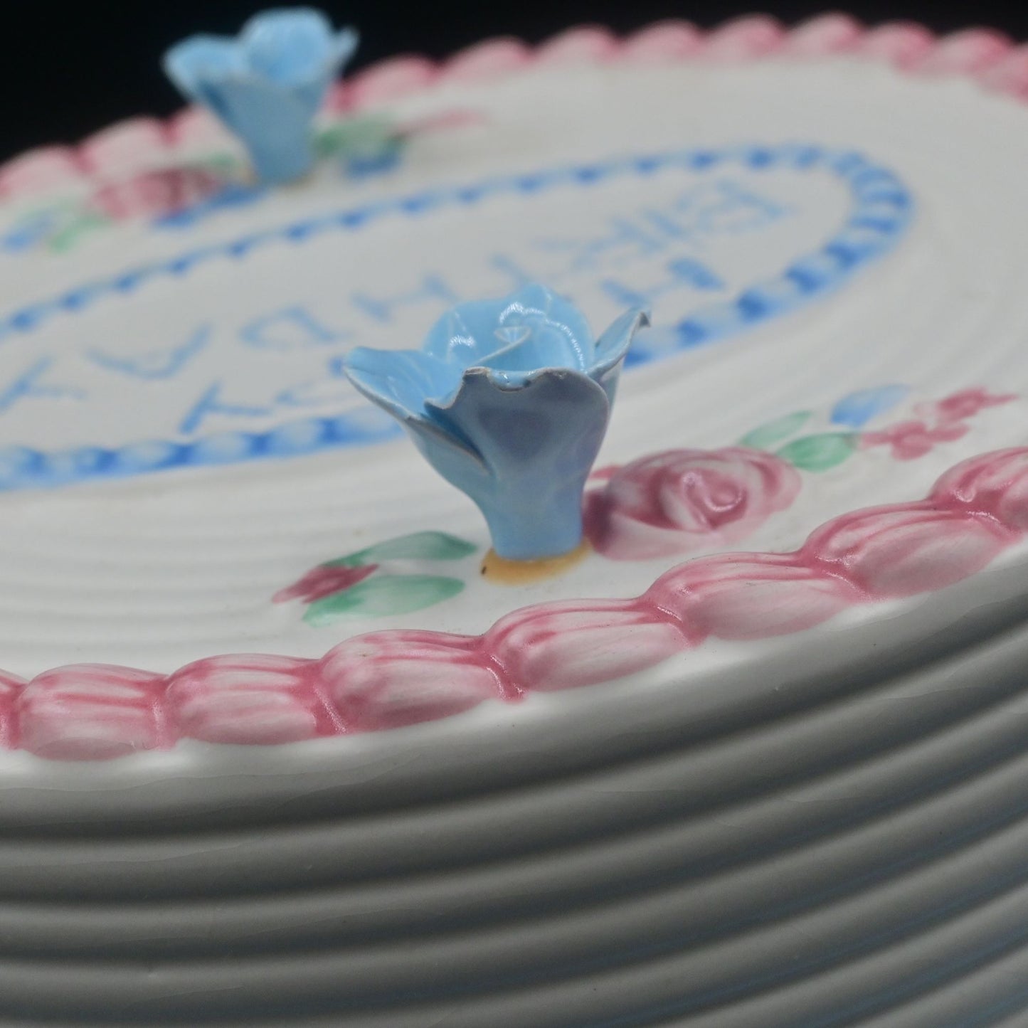 Happy Birthday Cake Covered Cake Plate with Blue Plate Made in Portugal Vintage