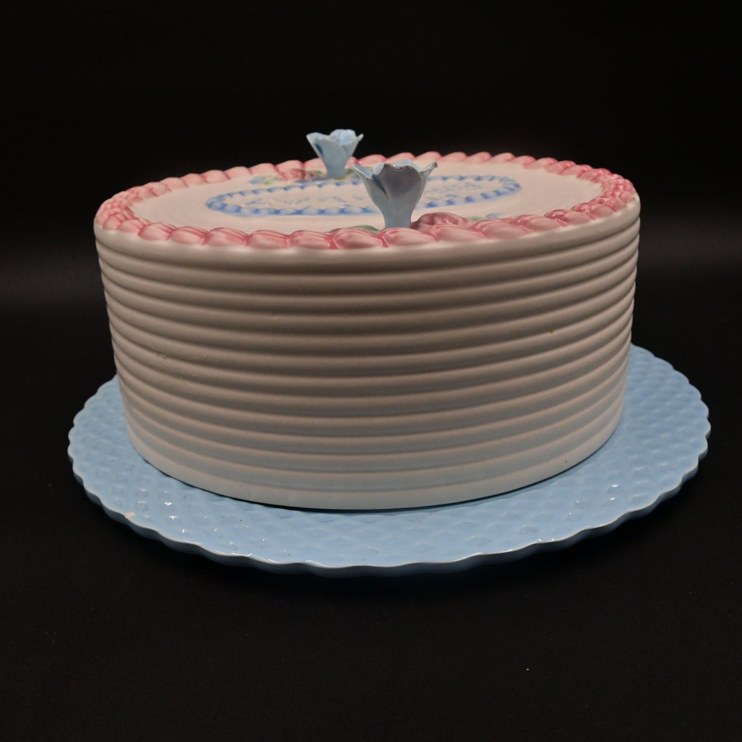 Happy Birthday Cake Covered Cake Plate with Blue Plate Made in Portugal Vintage