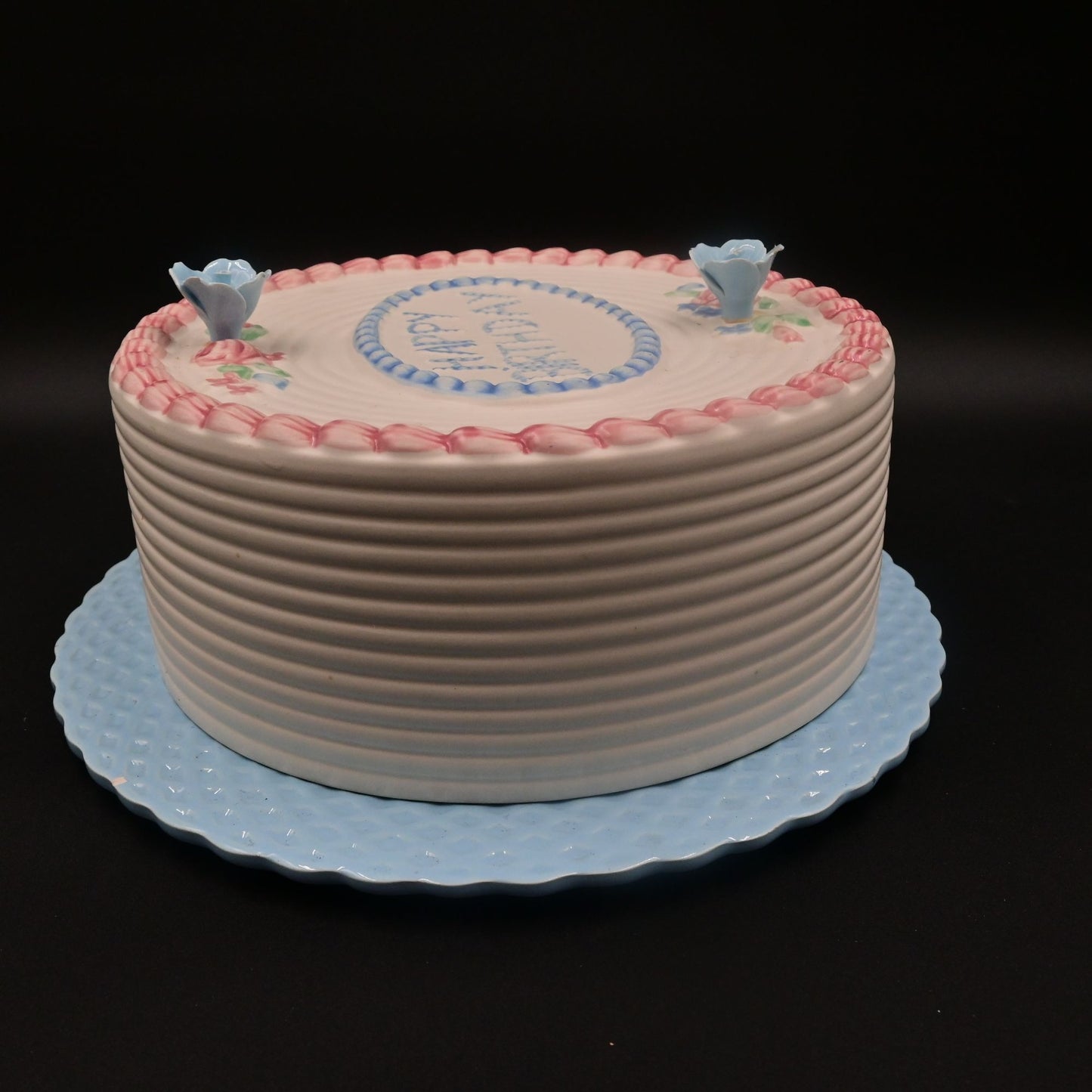 Happy Birthday Cake Covered Cake Plate with Blue Plate Made in Portugal Vintage