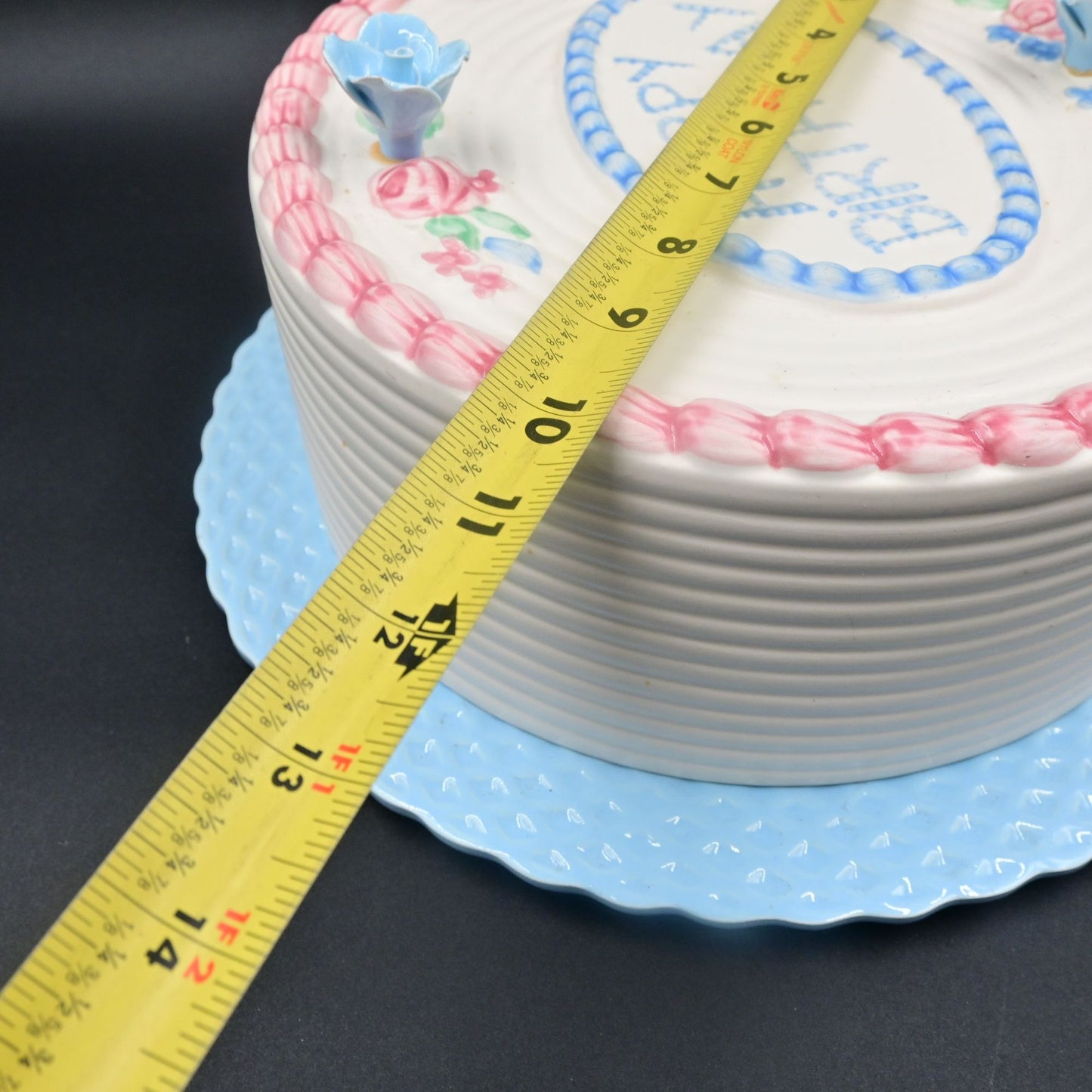 Happy Birthday Cake Covered Cake Plate with Blue Plate Made in Portugal Vintage
