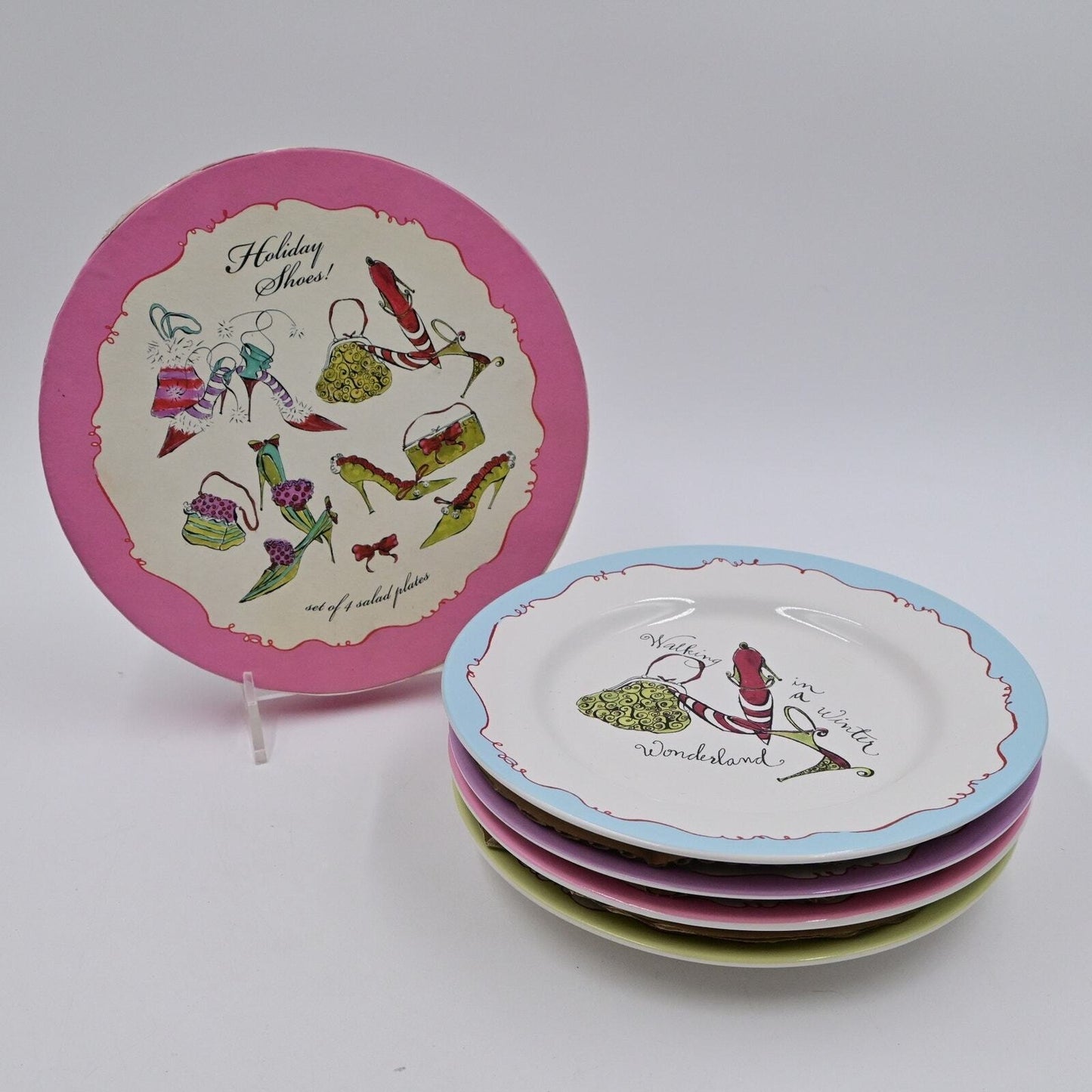 Holiday Shoes! Set Of 4 Salad Plates In Box