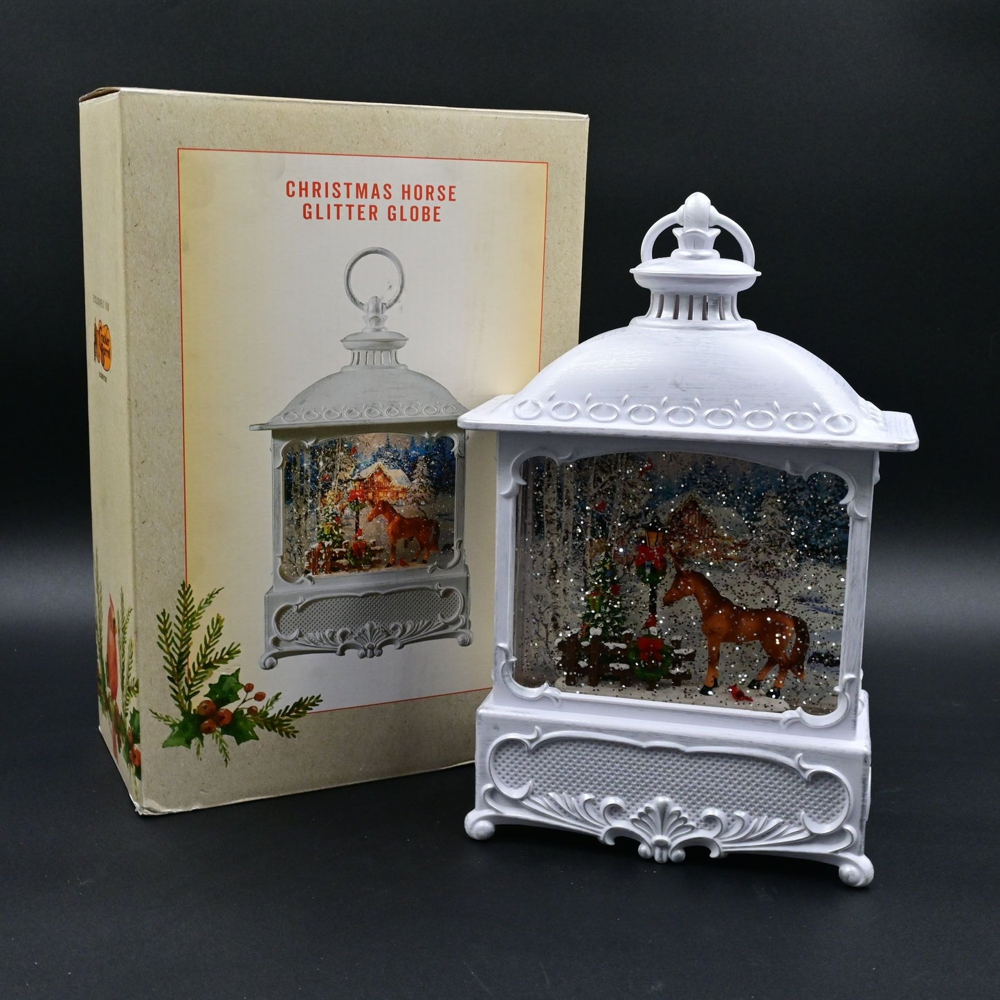Lighted Water Christmas Horse Glitter Snow Globe With Original Box