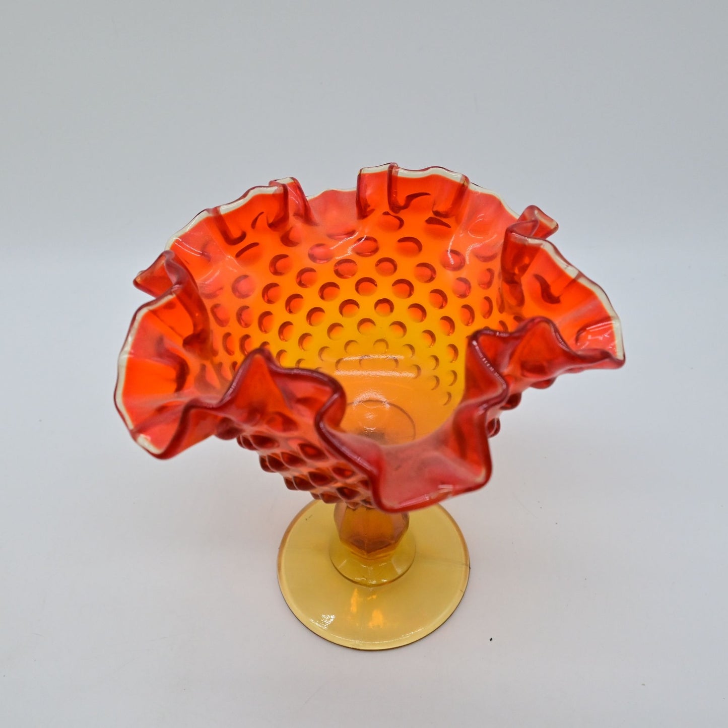 Fenton Thumbprint Colonial Orange Footed Compote Round Double Crimped Crest