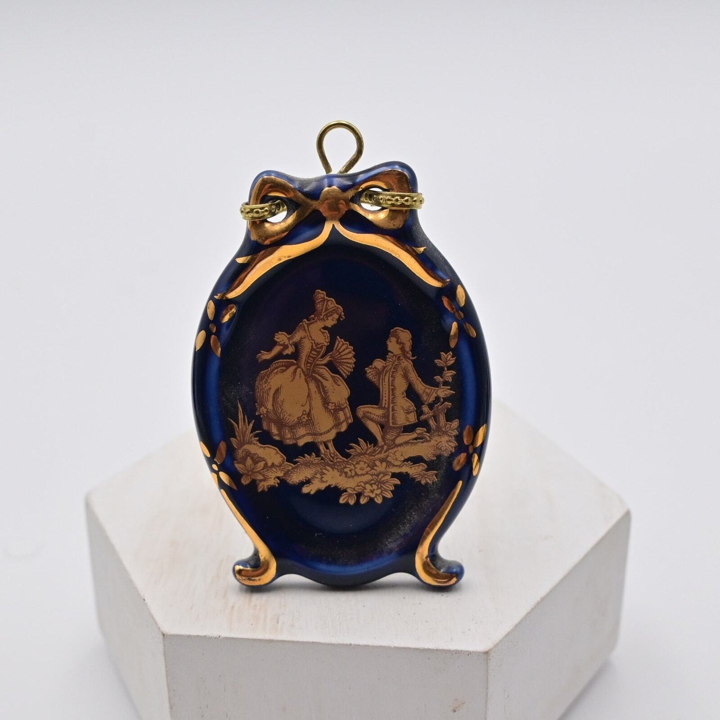 Limoges Cobalt Blue Victorian Couple Standing Plaque Vintage  Figure