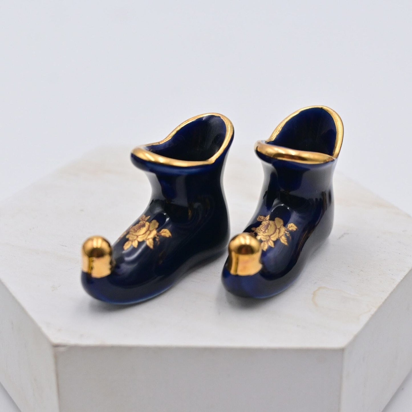 Vintage Limoges Cobalt Blue Jester Shoe Pair Of 2 Miniature Figures