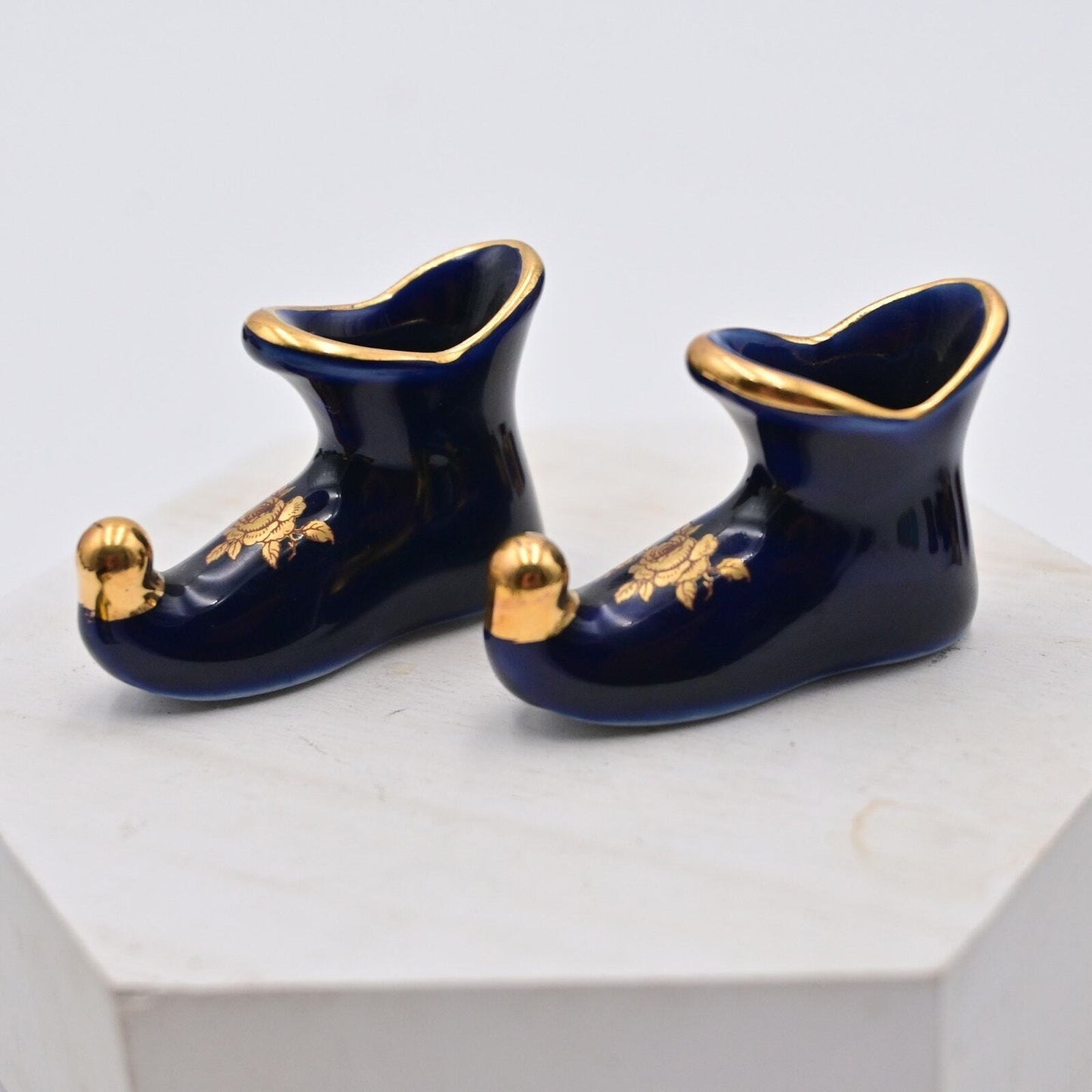 Vintage Limoges Cobalt Blue Jester Shoe Pair Of 2 Miniature Figures