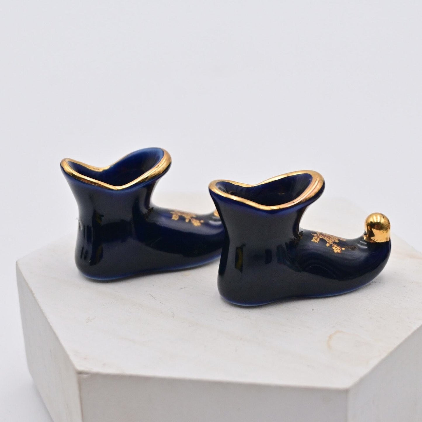 Vintage Limoges Cobalt Blue Jester Shoe Pair Of 2 Miniature Figures