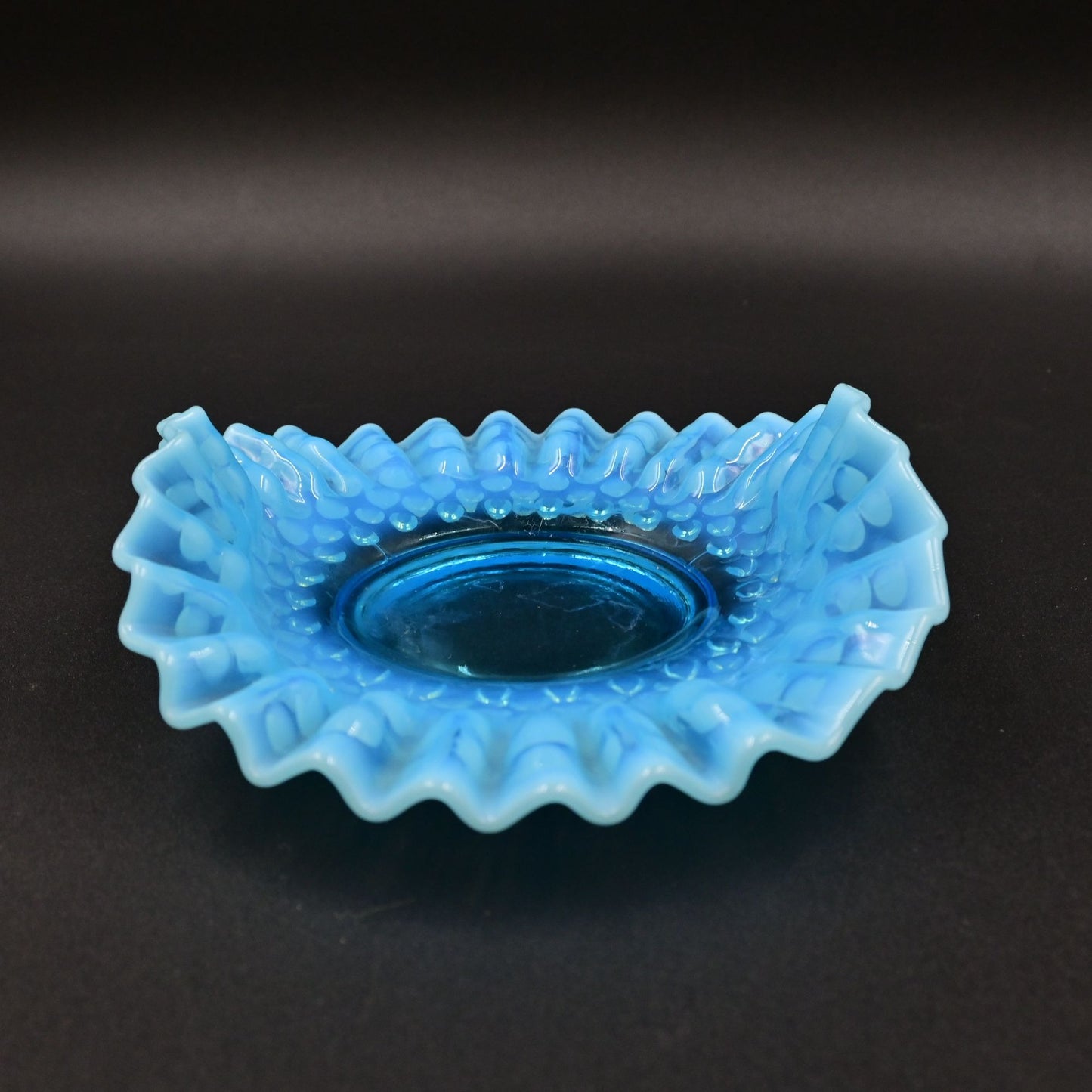 Fenton Opalescent Blue Hobnail Crimped edge Candy/trinket dish Vintage