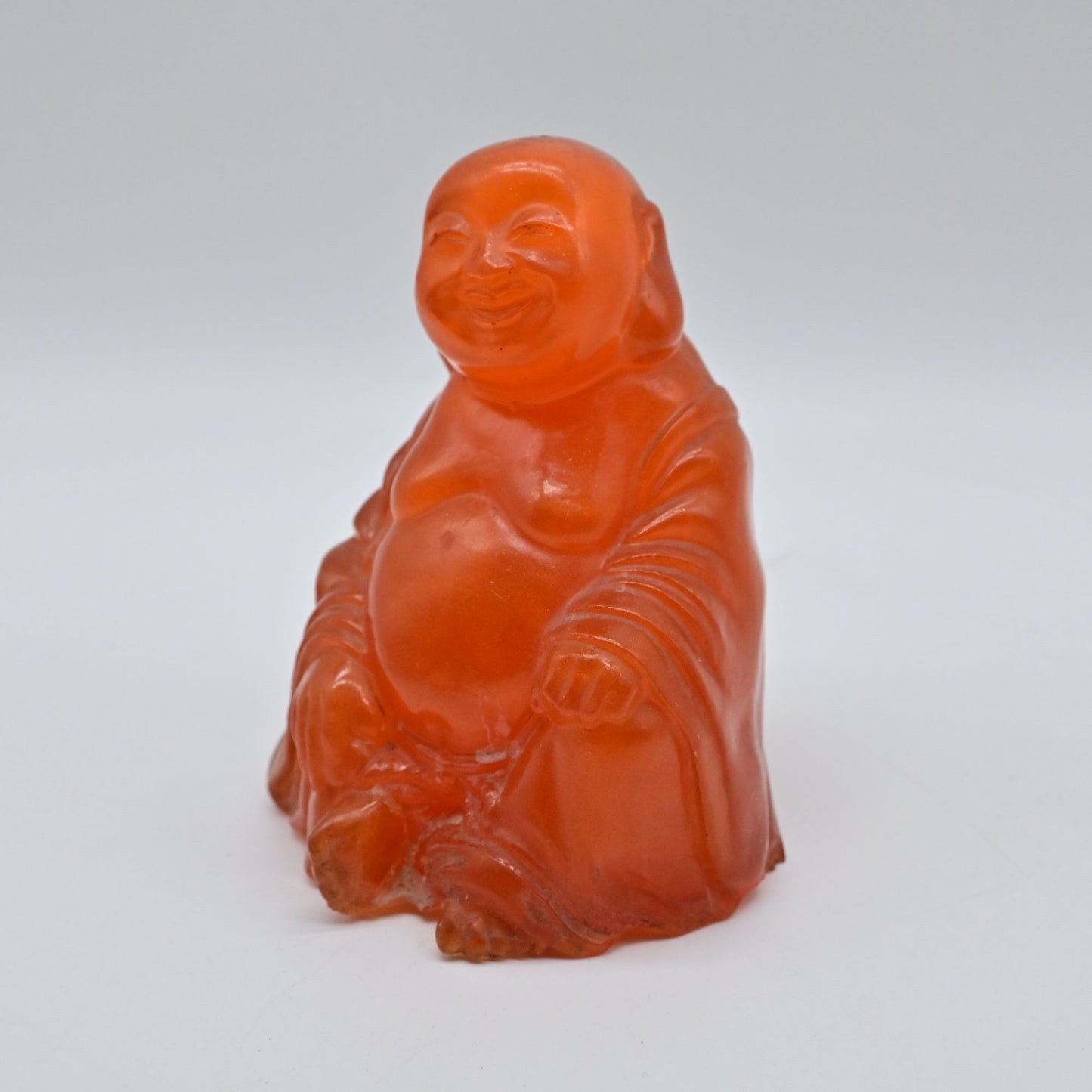 Old Chinese Red Amber Carving Happy Laugh Buddha Wealth Statue