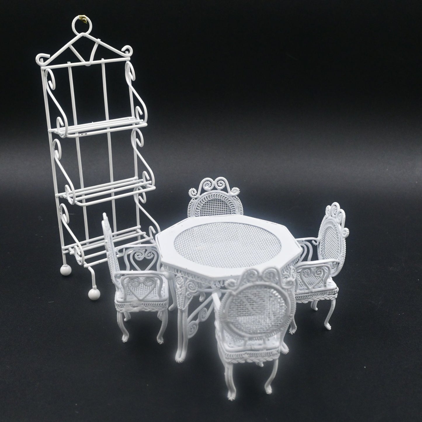 Dollhouse Miniature White Wire Faux Wicker Table Chair Sets 6 Piece Vintage