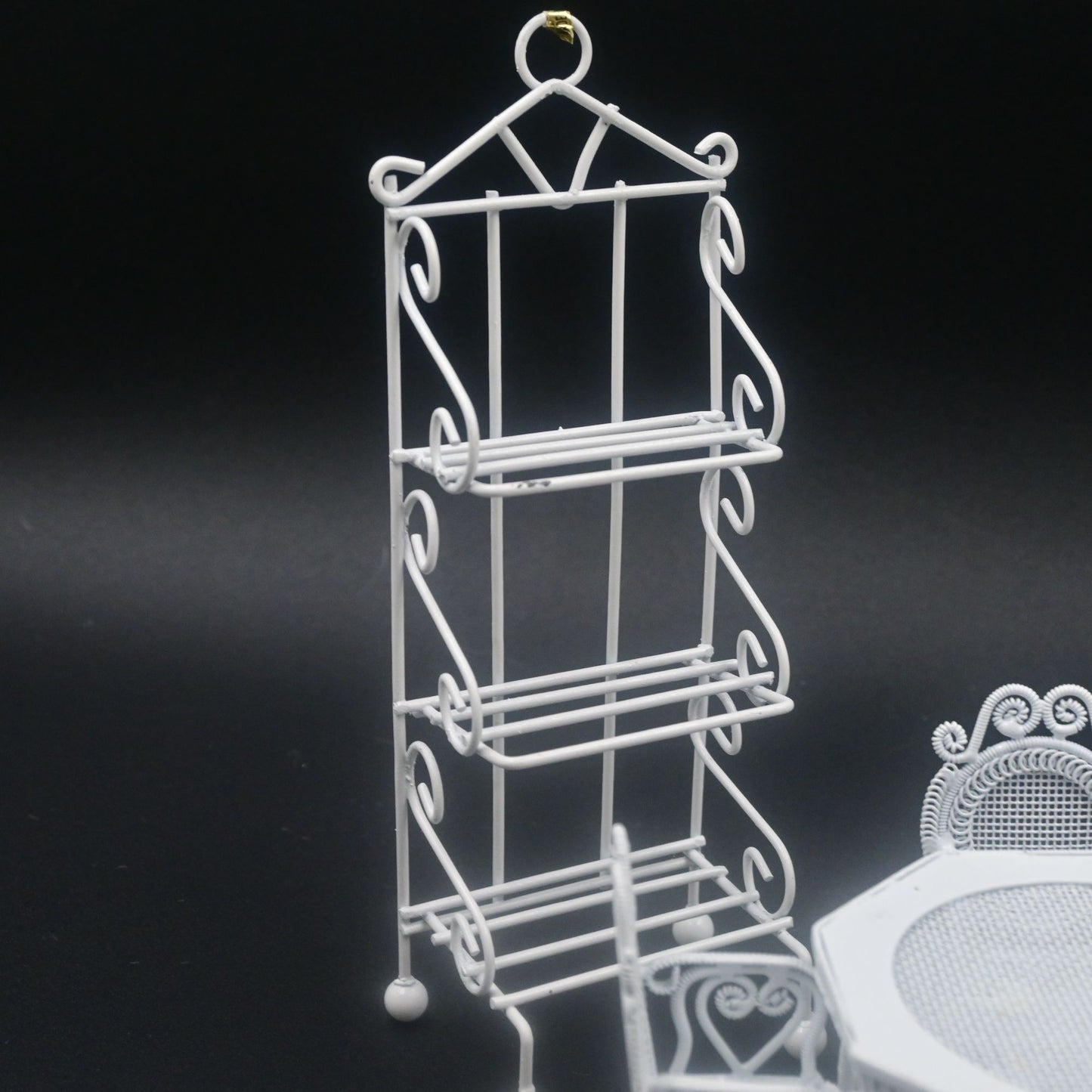 Dollhouse Miniature White Wire Faux Wicker Table Chair Sets 6 Piece Vintage