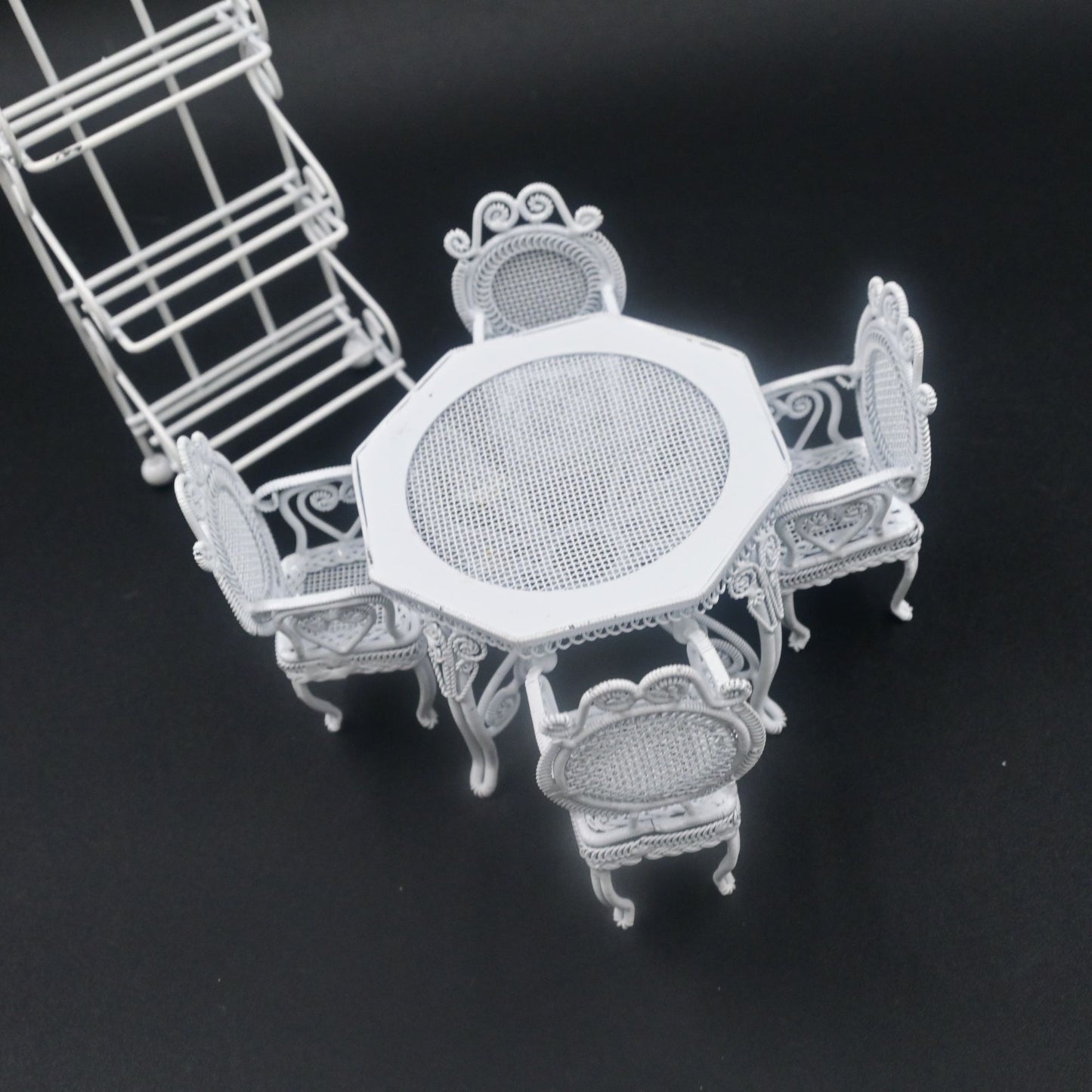 Dollhouse Miniature White Wire Faux Wicker Table Chair Sets 6 Piece Vintage