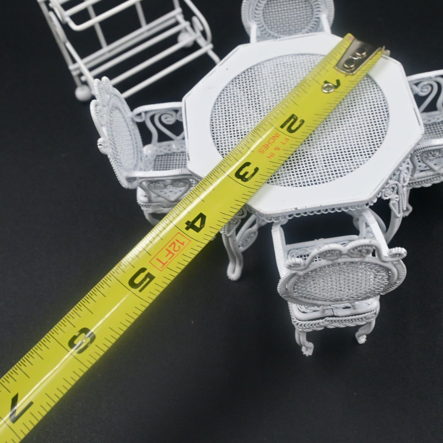 Dollhouse Miniature White Wire Faux Wicker Table Chair Sets 6 Piece Vintage