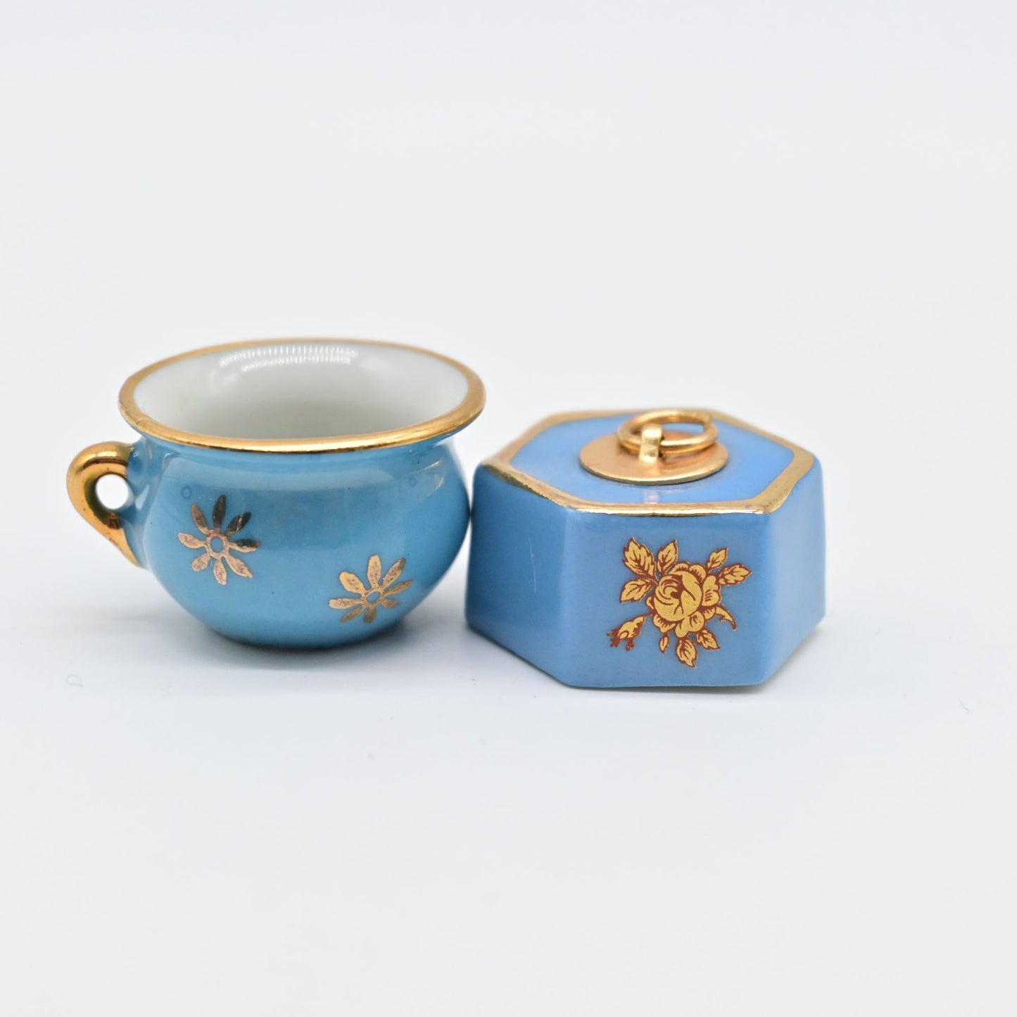 Vintage Limoges Light Blue Victorian Tray Cover & Floral Pitcher Miniature