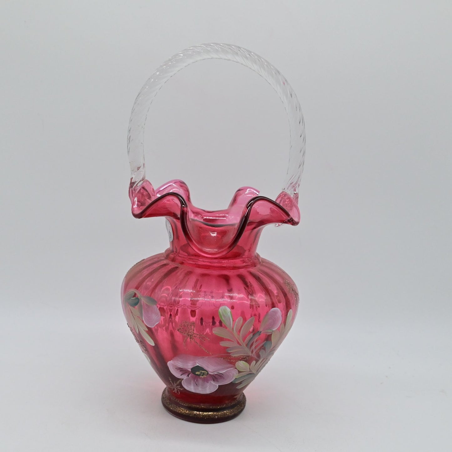 Fenton Hand-Painted Pink Floral Art Glass Basket Vase With Handle