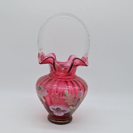 Fenton Hand-Painted Pink Floral Art Glass Basket Vase With Handle