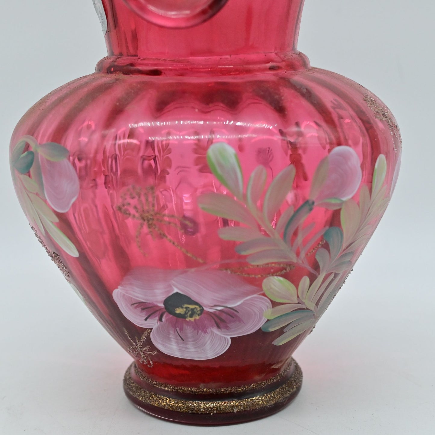 Fenton Hand-Painted Pink Floral Art Glass Basket Vase With Handle