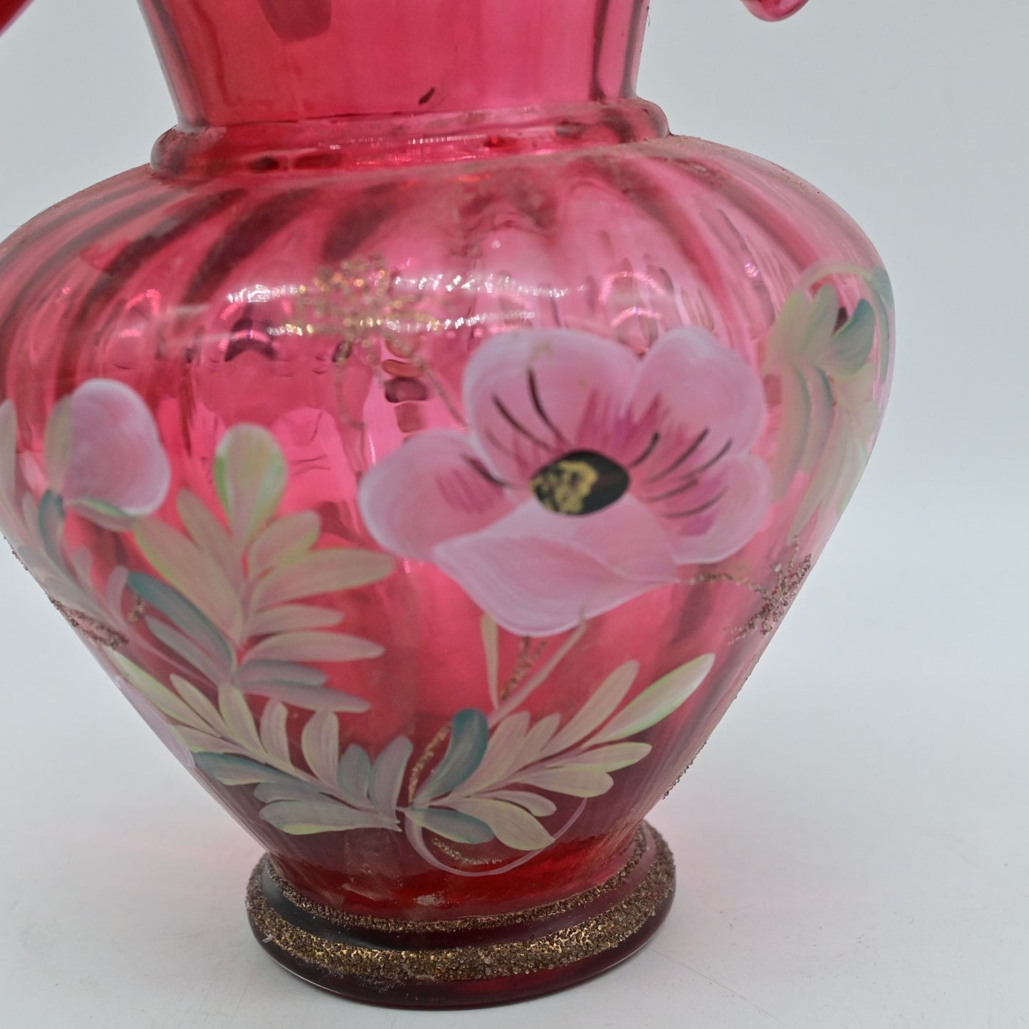 Fenton Hand-Painted Pink Floral Art Glass Basket Vase With Handle