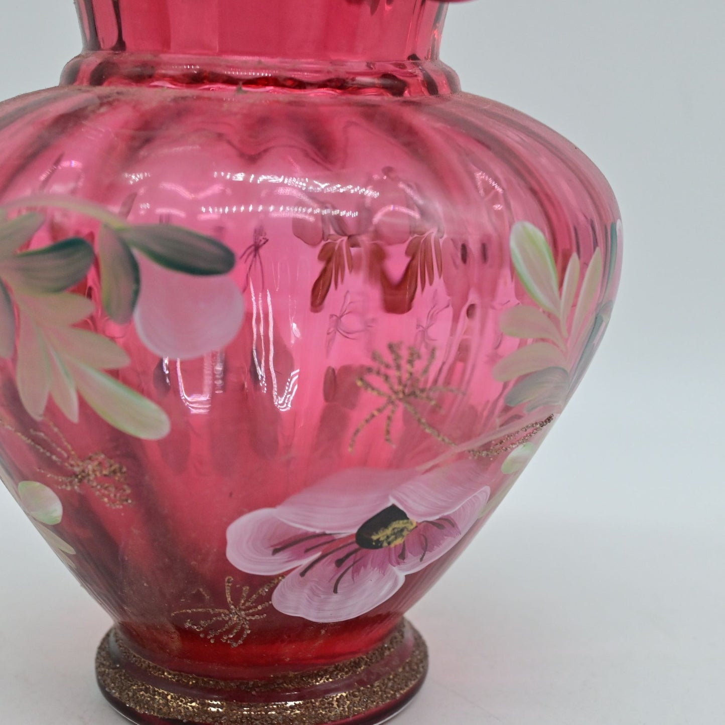 Fenton Hand-Painted Pink Floral Art Glass Basket Vase With Handle