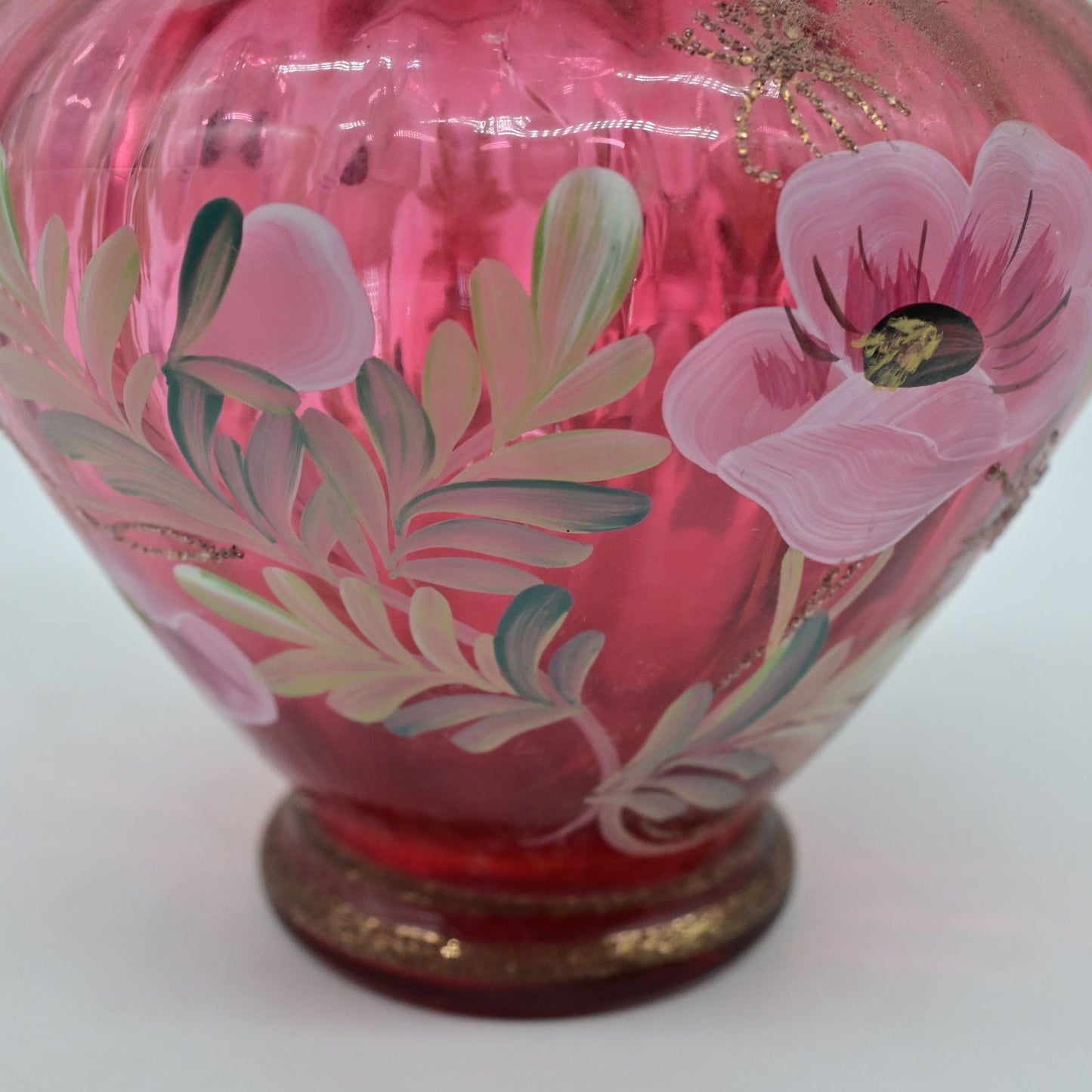 Fenton Hand-Painted Pink Floral Art Glass Basket Vase With Handle