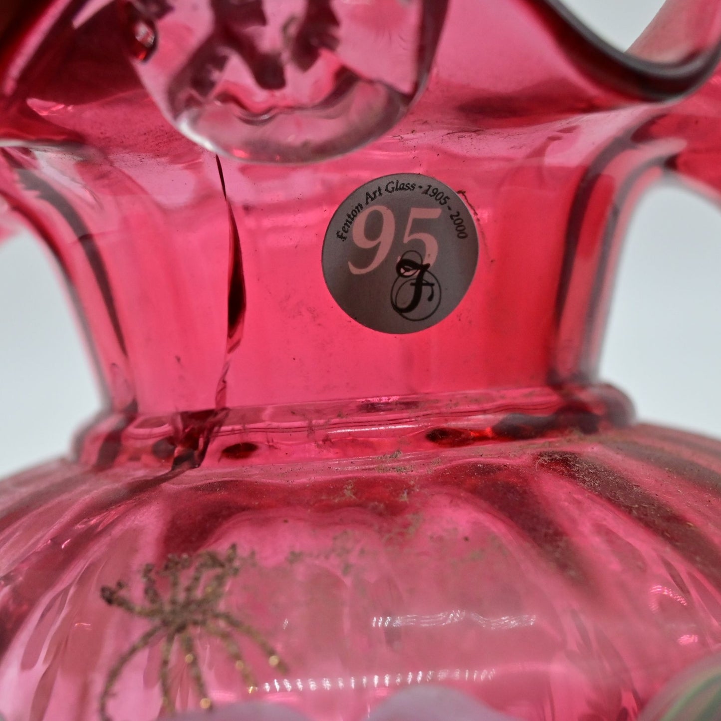 Fenton Hand-Painted Pink Floral Art Glass Basket Vase With Handle